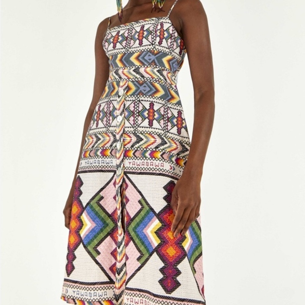 FARM Rio Tribal-Print Multicolor Midi Dress with Rope Tie